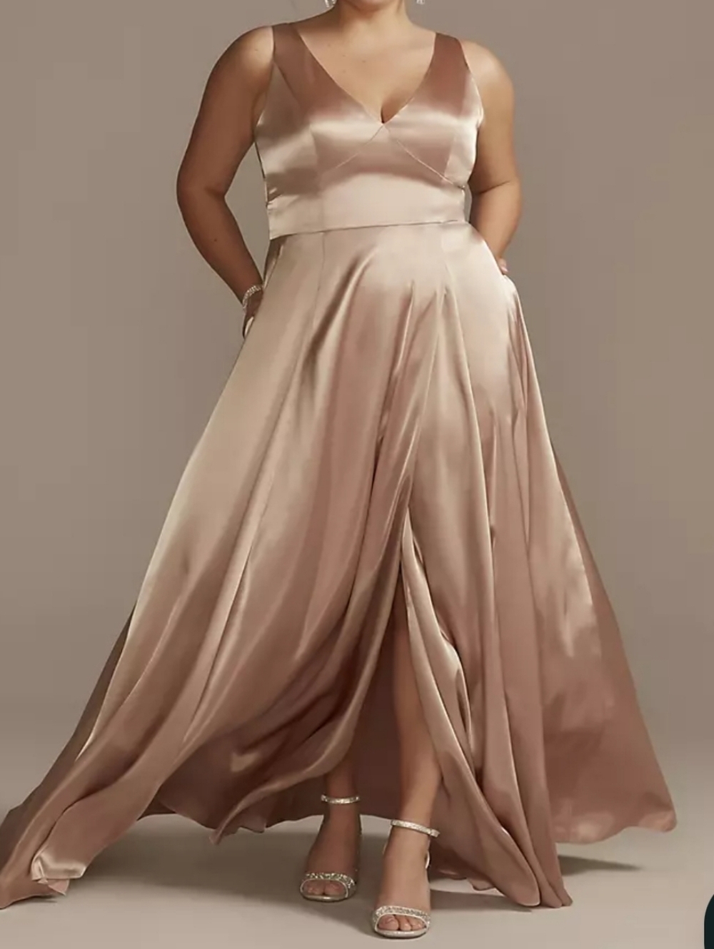 NWT Galina Signature Charmeuse Tank V-Neck Dress with Slit GS290020 Sand